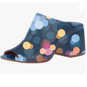 YDN Blue Print Polka Dot Peep Toe Chunky Mid Heel Mules Comfy Slide Sandal